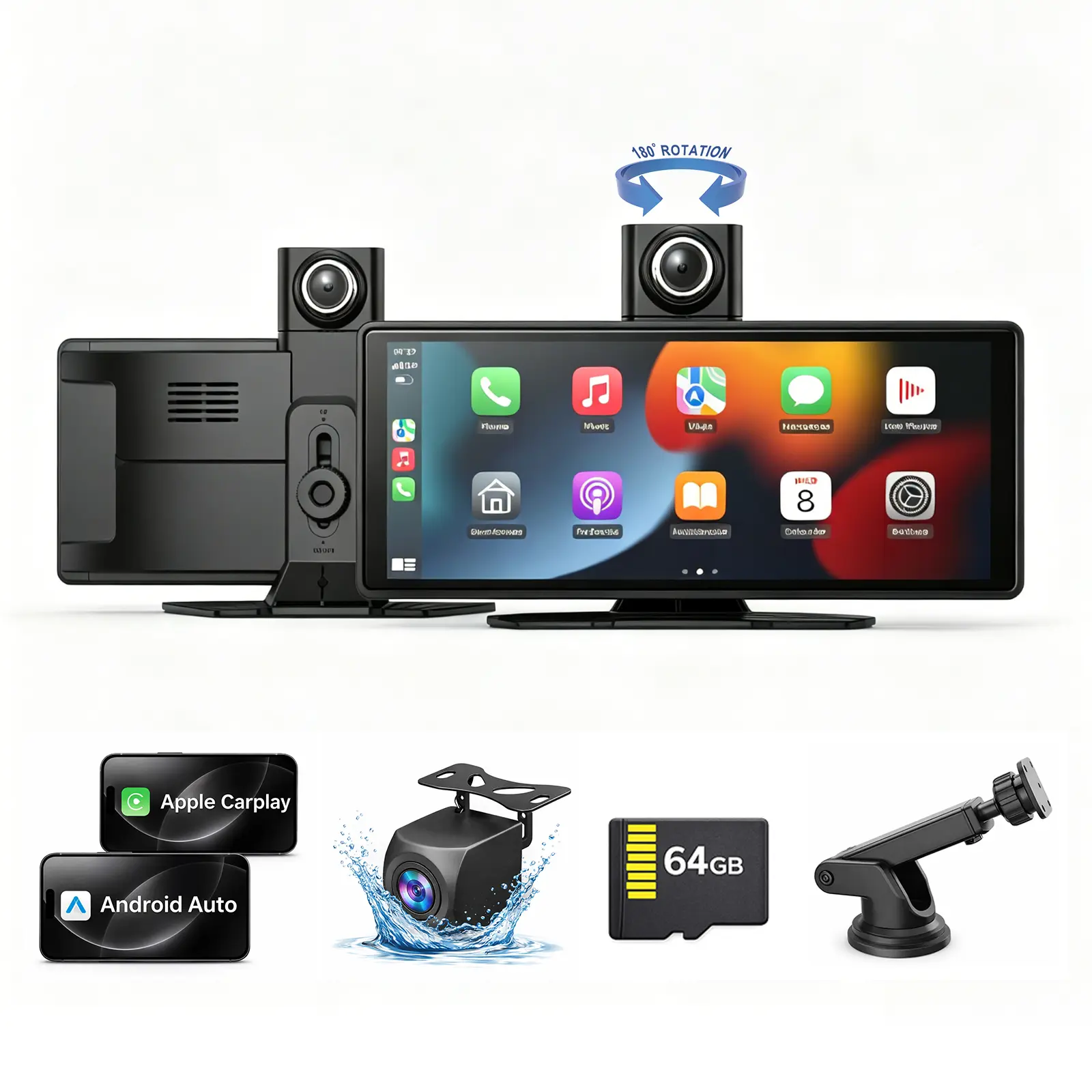 10.26 Inch Full HD Car Touch Screen, Wireless CarPlay & Android Auto, Smart Voice Control, Built-in Dash Cam, Auto Pop-up Rear View Camera, Universal for All Vehicles Automatic