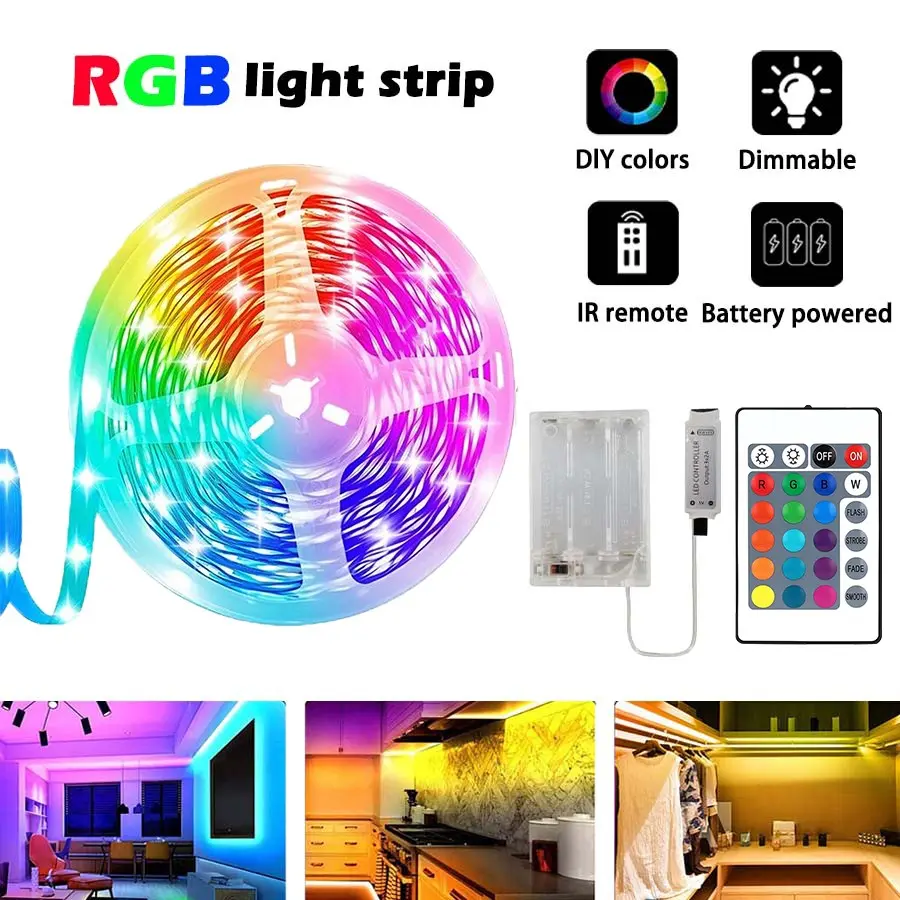 RGB LED light strip with battery box (batteries not included), 24-key controller, adjustable brightness, suitable for cabinets, bedrooms, TV backlights, decorative lights, Led Light Backlit, RGB Lighting