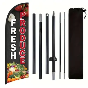 Fresh Produce Shop Flag, Polyester Advertising Flag with Flag Pole and Ground Stake, Outdoor Promotion Banner Decoration