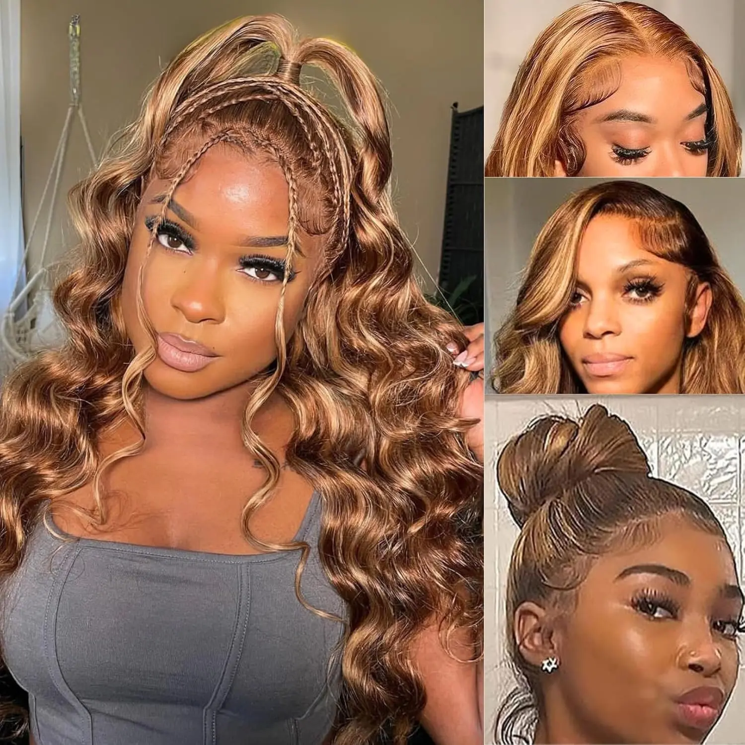 Urody Hidden Strap 360 Body Wave Highlight Brown Lace Front Wigs Human Hair 180% Density 360 Lace Wigs Pre plucked with Drawstring