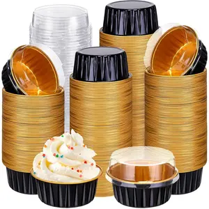400 Pcs Aluminum Foil with Lids 5 oz Disposable Mini Cake Pans Creme Brulee Cupcake Liners Muffin Tins Flan Mold Dessert Container for Wedding(Black, Gold,Classic)