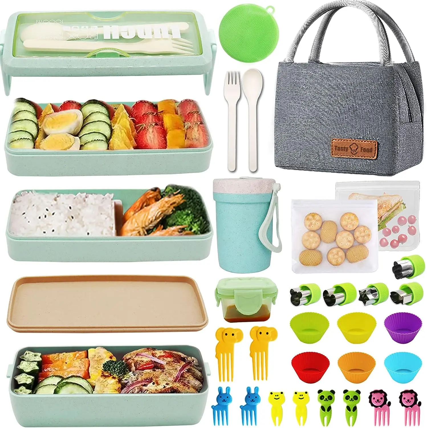 30 PCs Bento Box Upgrade Japanese Lunch Box Kit,3 Layer Stackable Leakproof Containers with Accessorie Fork Fruit Tableware Cake Insulated