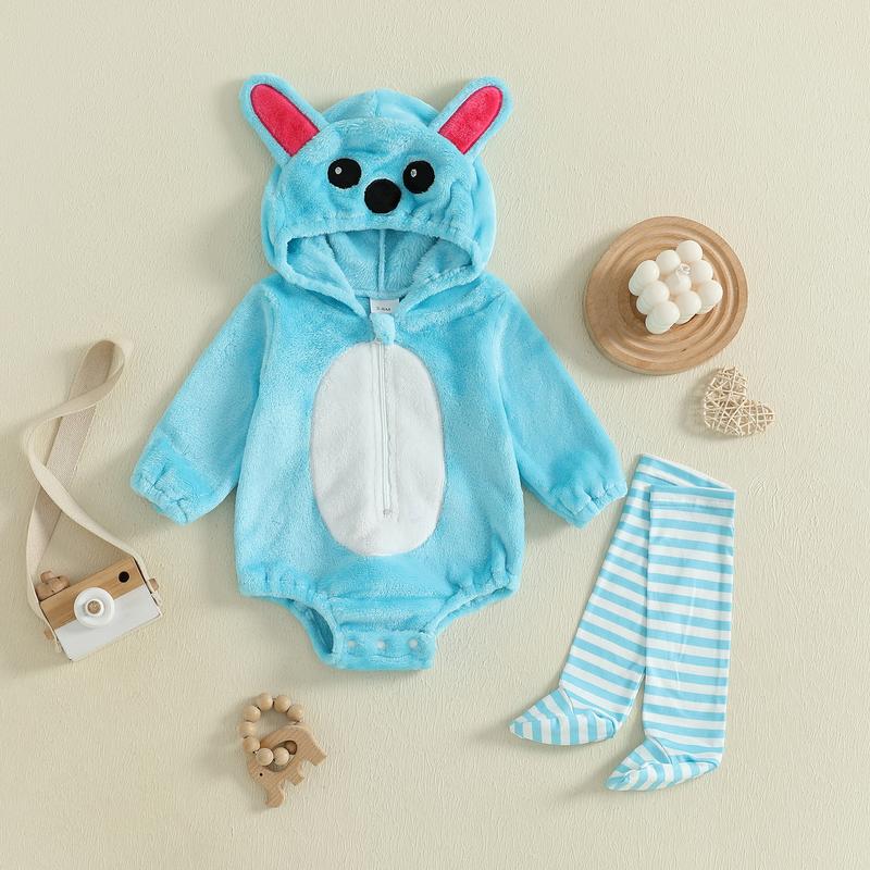 Baby Costume Romper with Stockings 2 Pcs Set Cute Zip Up Hooded Cow/Penguin/Monster Costume for Fall & Halloween
