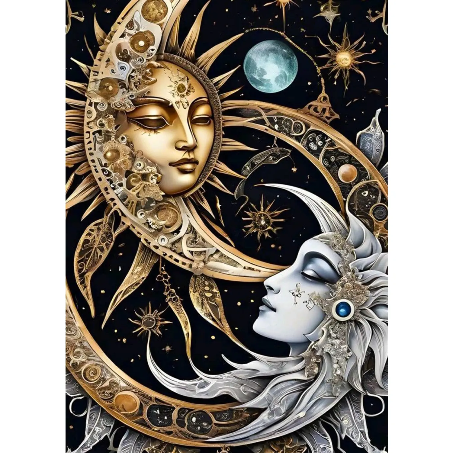 5D Diamond Painting Kit Vintage Sun And Moon Face Celestial Starry Sky Art Cosmic Galaxy Mystical Golden Texture Crystal Rhinestone Wall Decor Gift