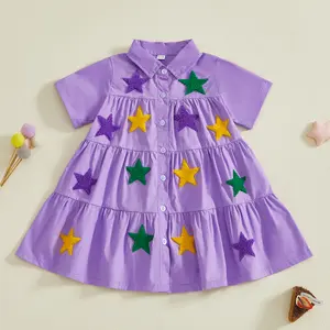 Toddler Baby Girl Mardi Gras Outfit Dress Star Embroidery Short Sleeve A Line Shirt Dresses Girls Carnival Clothes