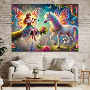 2D Flat, 1pc Magic Fairy & Unicorn Tapestry - 2D Flat Horizontal Fantasy Wall Hanging with Dreamy Rainbow Colors, Graceful Fairy & Unicorn for ' Room Decor,, Themed Party Background - Light Beige Fabric Suitable for Fantasy Theme Shooting, Children's