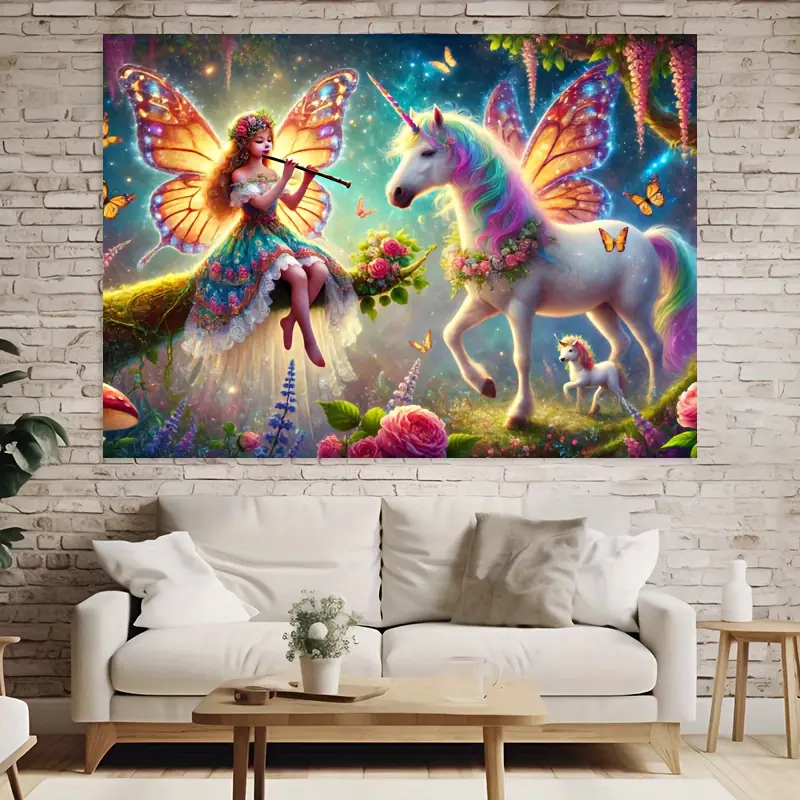 1pc 2D Flat Horizontal Magic Fairy & Unicorn Tapestry - Light Beige Room Art, Fairy Art Tapestries, Fantasy-Inspired Decor for Themed Party Background, Fantasy Theme Shooting, Children's Spaces, Decor Inspo, Other, One-Piece