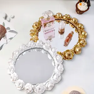 Elegant Rose Ring Mirror Tray, Resin Hand-Painted Home Decor, High-Definition Glass Inlay, Perfect for Photography Props and Makeup Storage, Jewelry Storage Unit