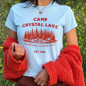 Camp Crystal Lake Graphic Baby Tee, 90s Horror Movie Women's Fitted T-Shirt, Camp Counselor Halloween Baby Tees