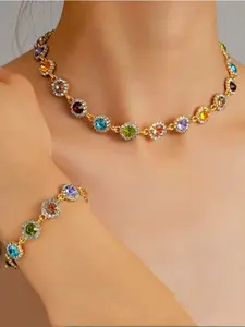 Women's Elegant Fashion Artificial Zircon Decorated Adjustable Strap Necklace & Bracelet, Fashion Jewelry for Party, Daily Clothing Decor, Trendy All-match & Exquisite Jewelry for Birthday Gift, Matching Jewelry Set