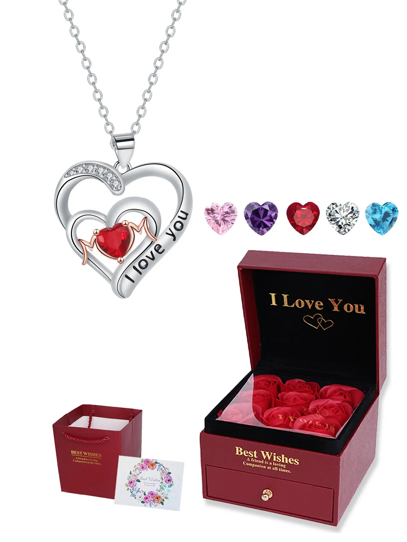 Mom Necklace Engraved I Love You Mom, Diamond Heart Pendant, Heart Design Necklace, Perfect Mother's Day and Birthday Gift with Box, Elegant Copper Jewelry