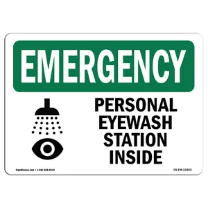 SignMission  Emergency Personal Eyewash Station Inside with Symbol OSHA Aluminum Sign