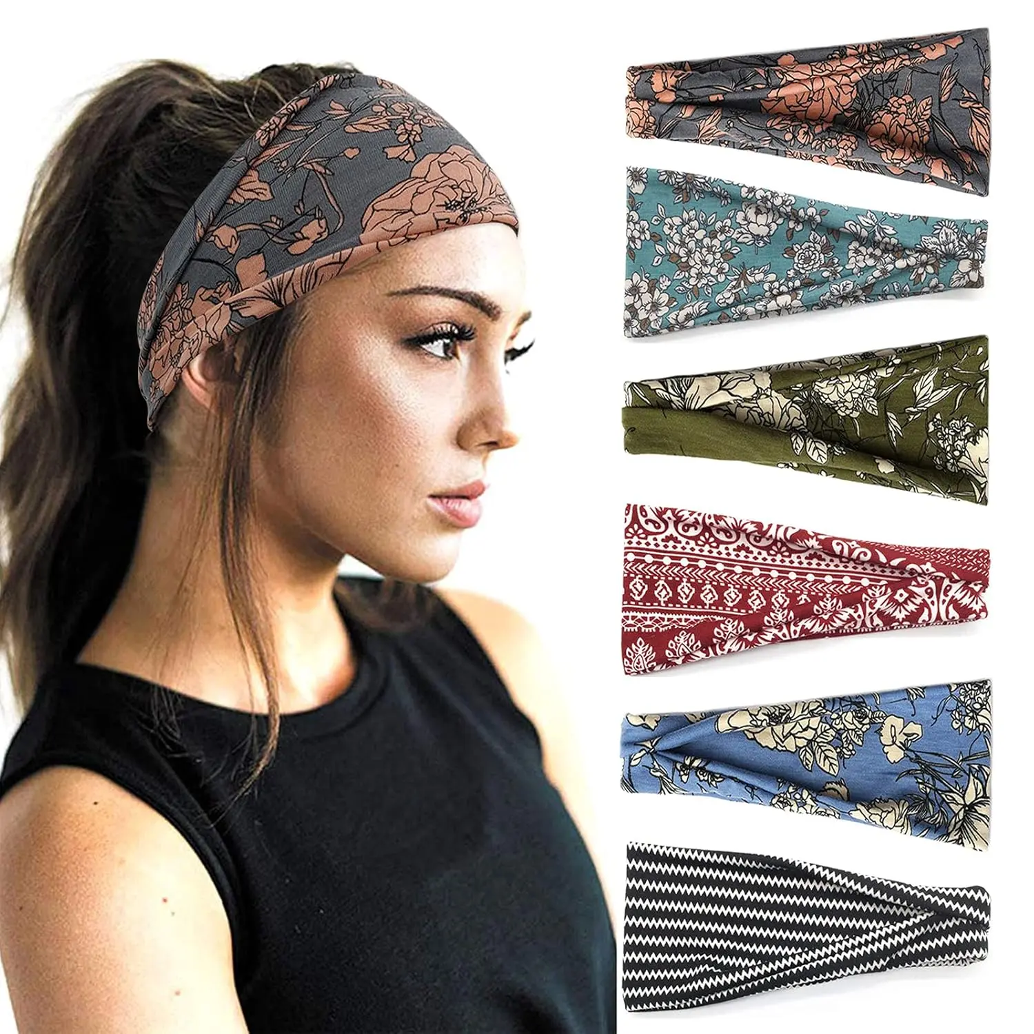 Women's Boho Style Wide Folding Headbands, 6-Pack (9.25x3.9in) Hair Accessories for Yoga, Casual Use & Birthday Gifts