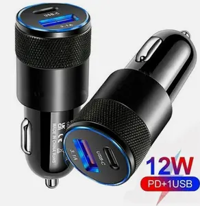 Dual-port vehicle fast charger adapter plug for car cigarette lighter, 12V 12W power supply with PD USB‑C and 3.1A USB‑A output, compact car mobile charging tool
