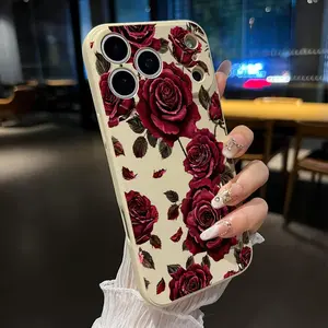 Straight Edge Phone Case for iPhone 17 16 Pro Max 15 Plus 14 13 12 11 Air  XS Velvet Rose Pattern Full Body Protection Shockproof Soft Silicone Cover