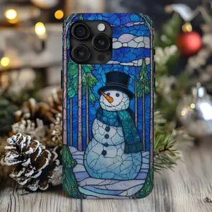 Snowman Stained Glass Tough Phone Case for iPhone Samsung Pixel Polycarbonate TPU Impact Resistant Shock Dispersion Wireless Charging Friendly No Warranty