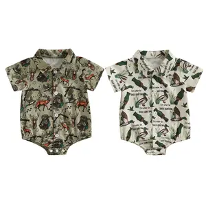 Western Baby Boy Country Farm Mallard Duck Dress Shirt Romper Short Sleeve Button Down Onesie Bodysuit Hunting Summer Clothes