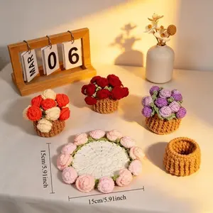 Knitted Rose Wool Coaster Handmade Insulation Mat Creative Floral Table Ornament Housewarming Gift