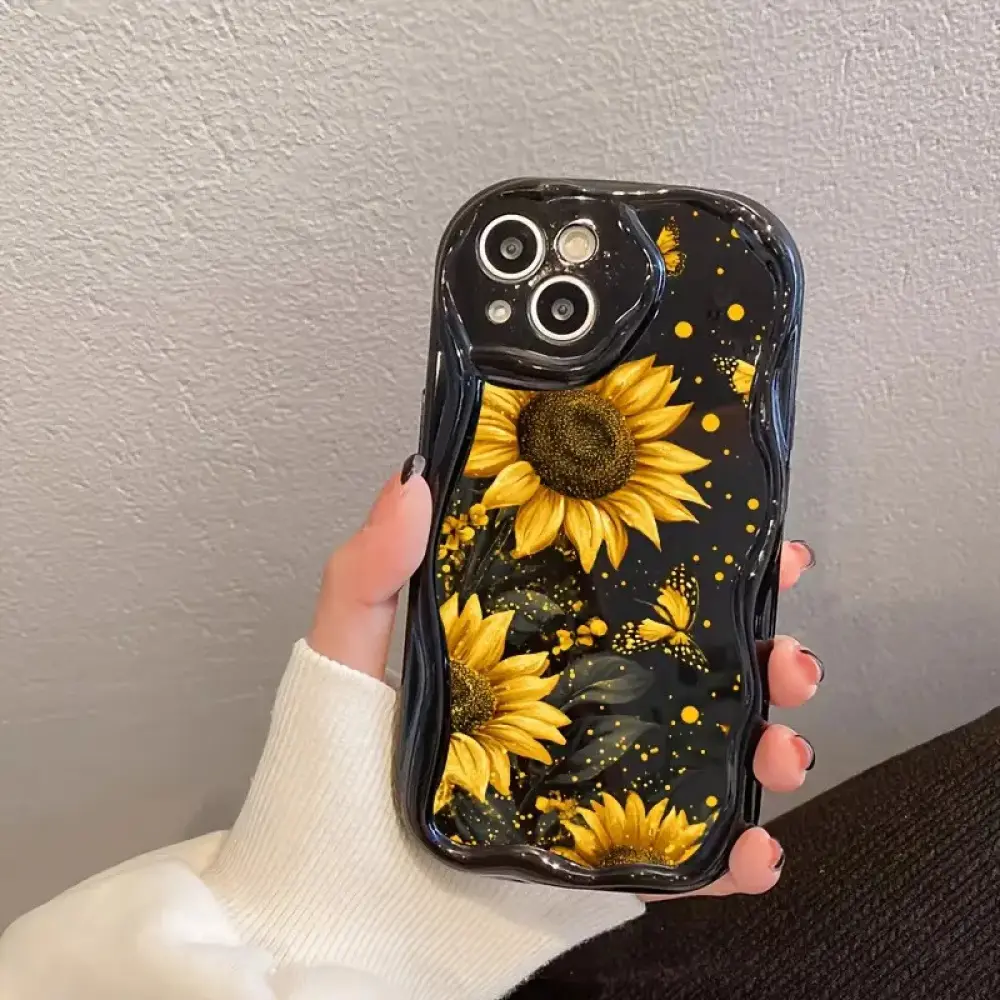Sunflower Butterfly Cream Wavy Edge Phone Case for iPhone 17 16 15 14 12 11 13 Pro Max Plus Pro Air Shockproof Camera Protection TPU Soft Durable Floral Casing Cover Protective