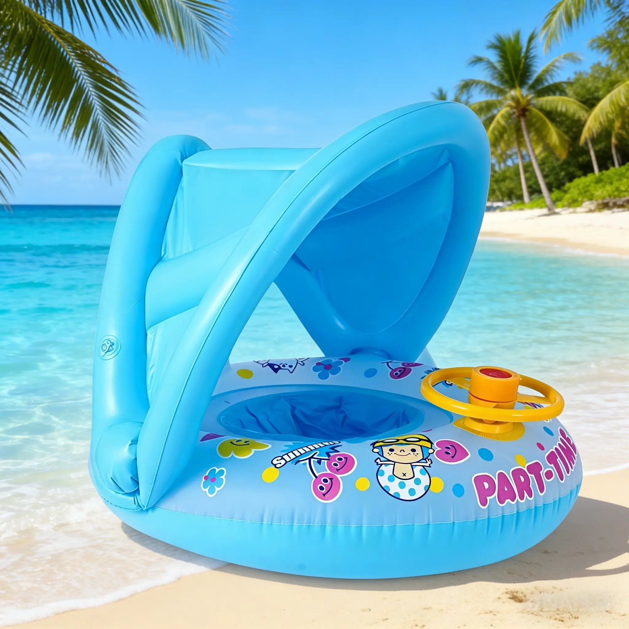 Cartoon Character Shaded Inflatable Pool Float with Steering Wheel, Fun Print & Interactive Driving Design, Thickened PVC, Summer Water Play, Pool Floaters, Pool Floaties, Pool Inflatables