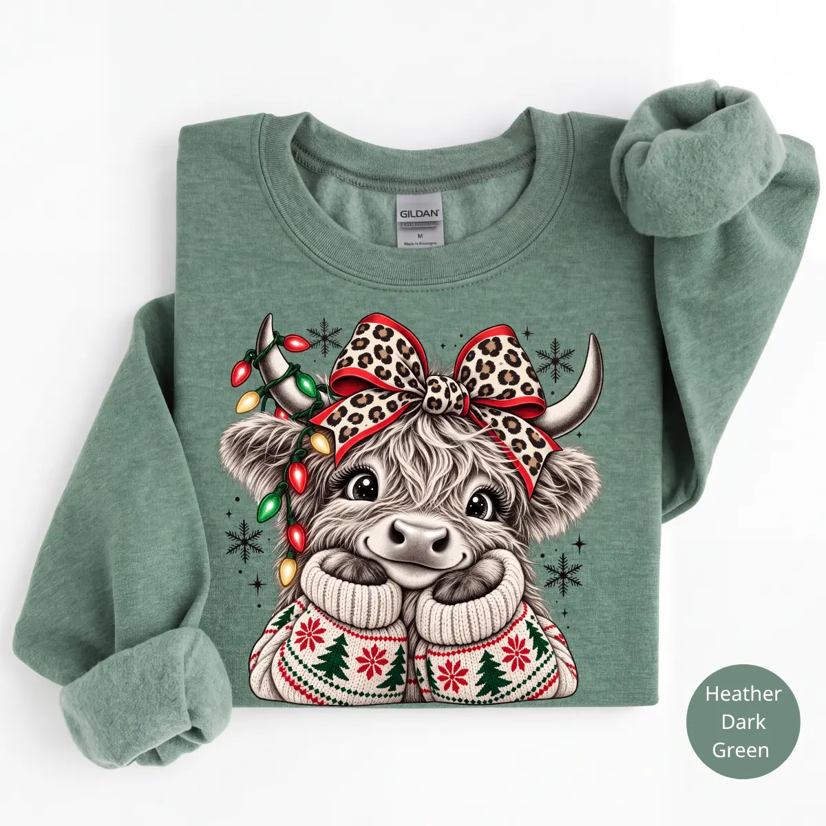 Christmas Highland Cow Sweatshirt or T-Shirt, Cute Cow Holiday Graphic, Leopard Bow Christmas Shirt, Cozy Winter Xmas Apparel, Highland Cow Gift