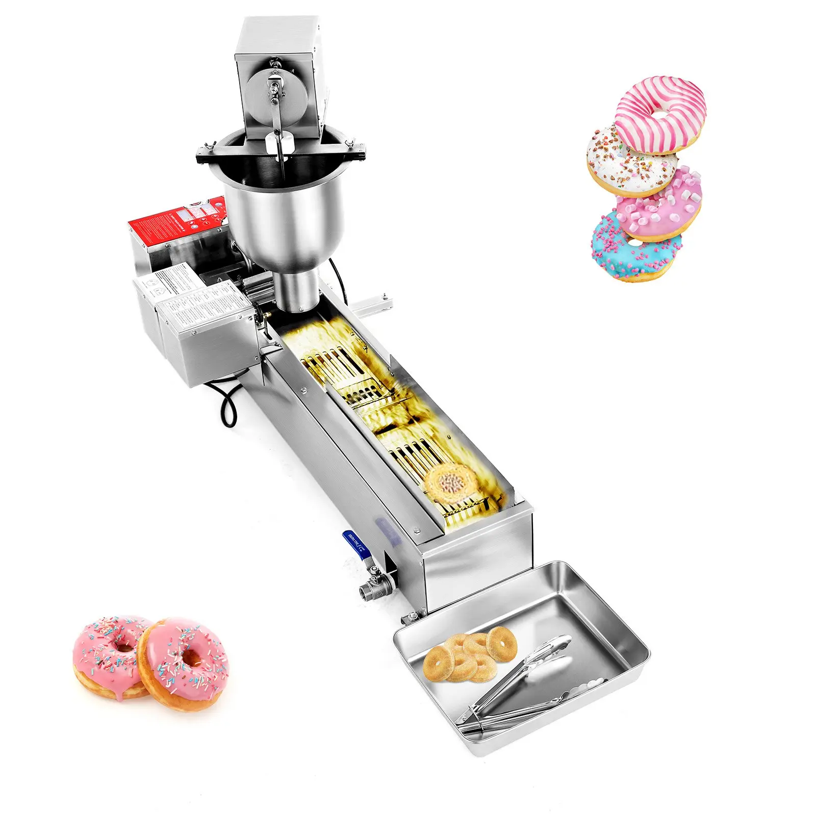 【DealsForYouDays】VEVOR Commercial Automatic Donuts Machine, Single Row Donuts Making Equipment, 90 pcs/hour Electric High Power Doughnut Maker, Stainless Steel Frying Auto Fryer, with 3 Size Molds, Auto Counting