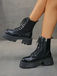 Women's Minimalist Casual Plain Ankle Boots, Fashionable Side Zip Ankle Boots, Simple Design Round Toe Rubber Combat Boots for Fall & Winter, Casual Outdoor Boot