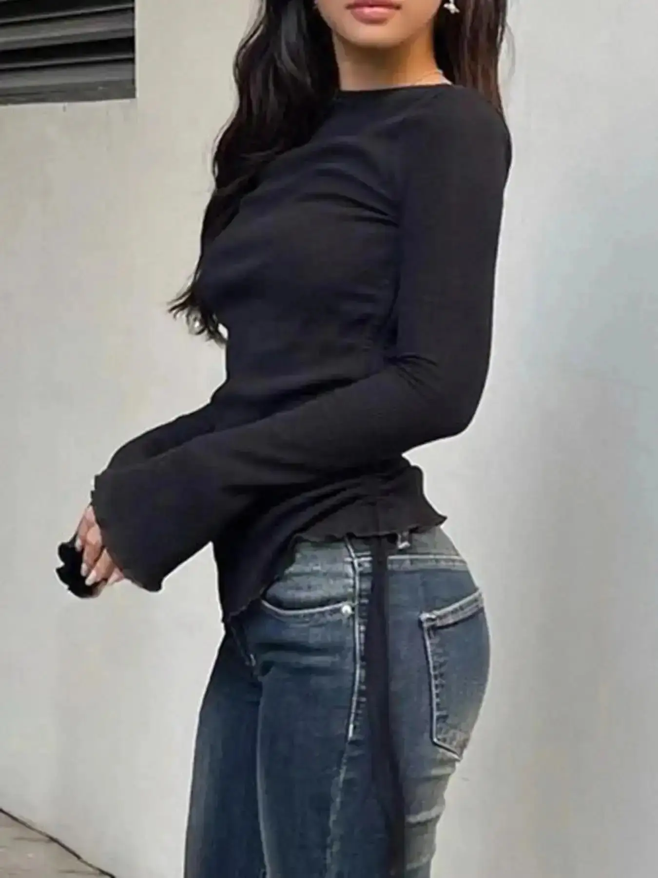 Women's Plain Ruched Ribbed Drawstring Lettuce Trim Flounce Sleeve Tee, Casual Street Chic Fitted Comfort Boat Neck Longsleeves T-shirt for Fall, Spring, Lady T Shirts Clothes for Daily Wear, Fall Outfits, Fallfreshness