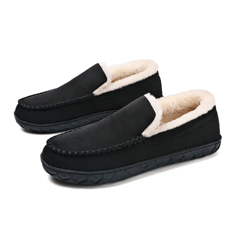 Men's Suede Slip-On Slippers - Soft Braid-Design Rubber-Sole Non-Slip House Footwear, Cozy Plush Winter Loafers with Comfy Memory Foam Moccasin for Parent Dance, Ankle