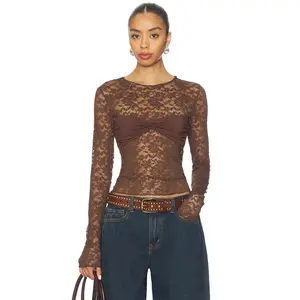 LIONESS Midnight Lace Long Sleeve Top in Shaved Chocolate