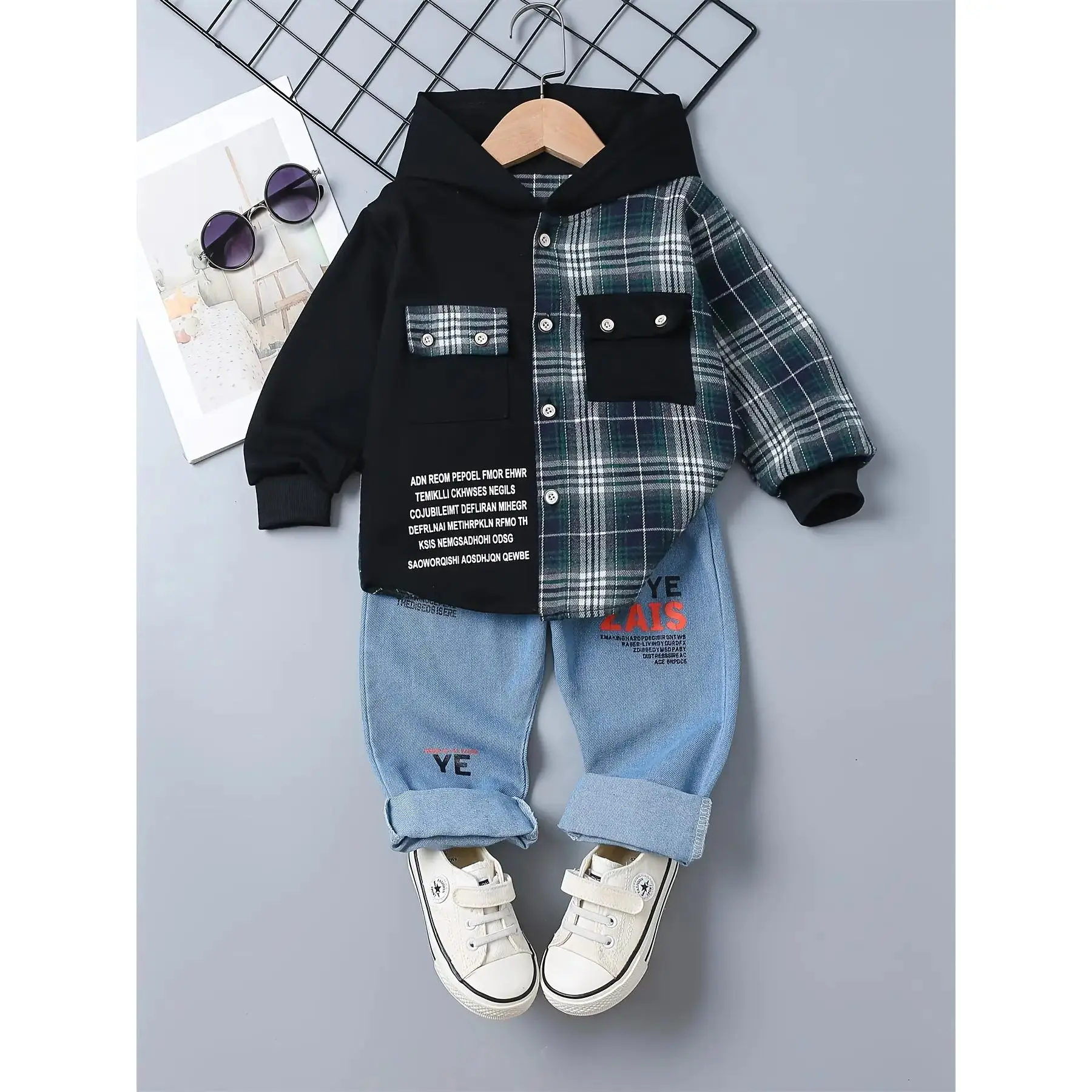 2pcs Set, Hot is Coming! New Autumn Style Korean-inspired Boy's Outfit with Hooded Long-sleeved Plaid Shirt and Casual Jeans, Perfect for Outdoor