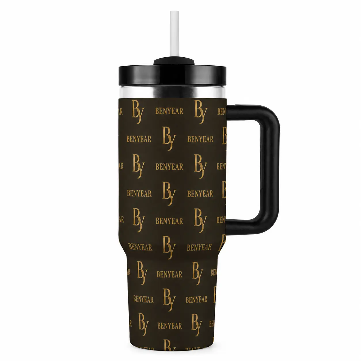 40 oz Insulated Tumbler with Handle and Straw, BENYEAR Brown Gold Monogram Travel Mug, 304 Stainless Steel Interior Double Wall Vacuum Cup, Tapered Base Large Capacity Car Cup for Home Office Driving Outdoor Travel Daily Use