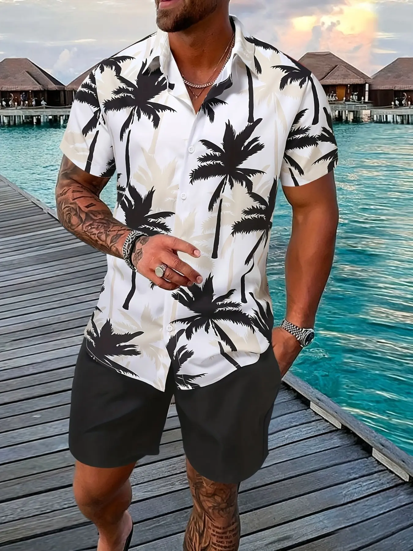 Men's Vacation Tropical Hawaiian Shirt Outfit Set, Palm Tree Print Blouse + Solid Shorts, Soft Fitted, Breathable, Beach & Casual Wear, Summer Promotion (Recommend ordering one size up)