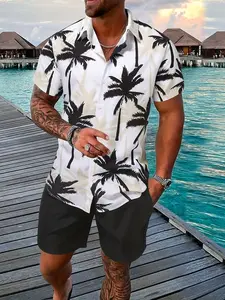 Men's Vacation Tropical Hawaiian Shirt Set, Palm Tree Print Blouse + Solid Shorts, Soft Fitted, Breathable, Beach & Casual Wear, Summer Promotion (Recommend ordering one size up)