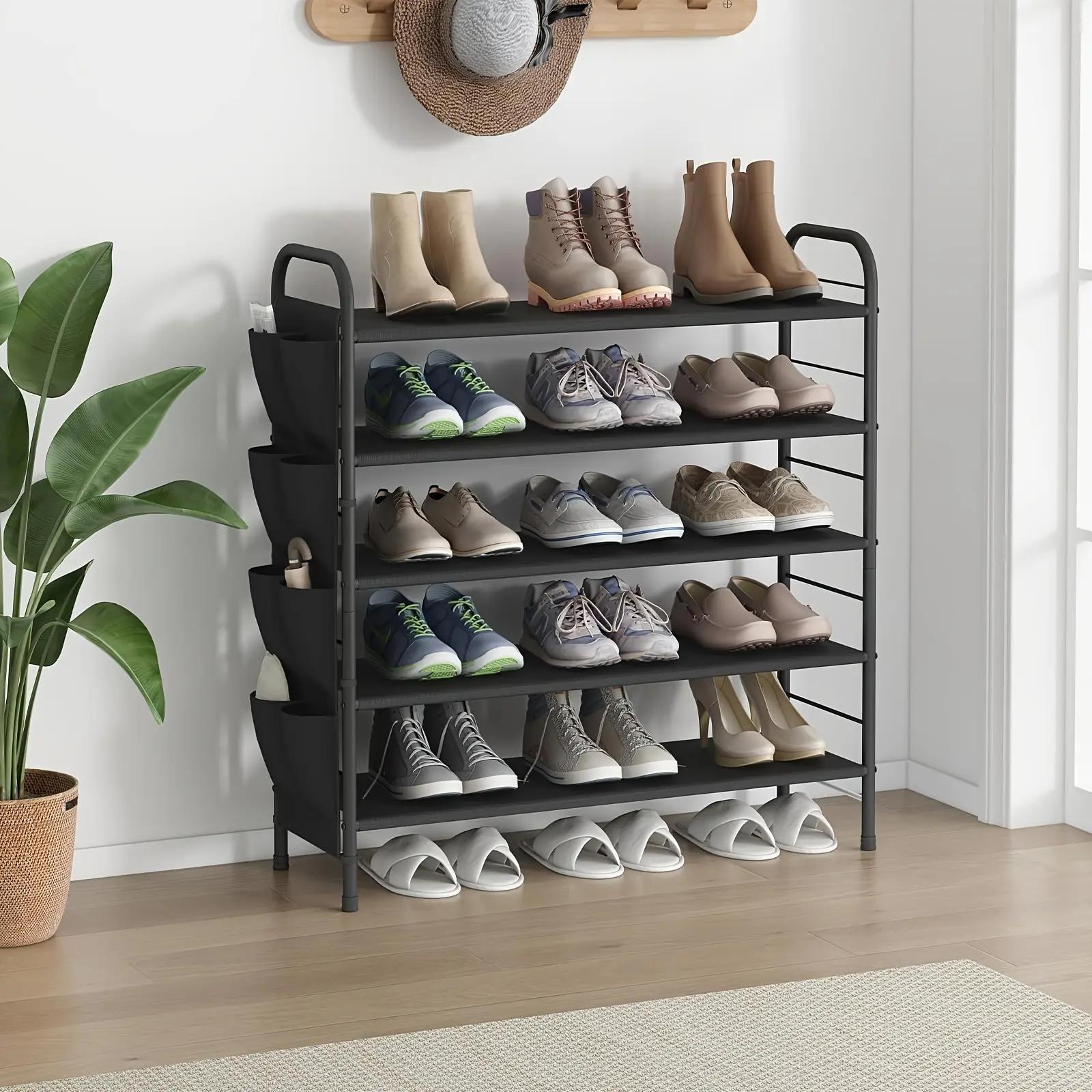 Shoe Rack Storage Organizer 4/5/6 Tier Metal Shoe Shelf Compact Shoe Organizer with Side Bag for Entryway Closet Bedroom