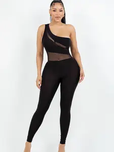 One Piece Mesh Jumpsuit - Black Evening Wear with Unique Mesh Fabric Design for Stylish Modern Looks