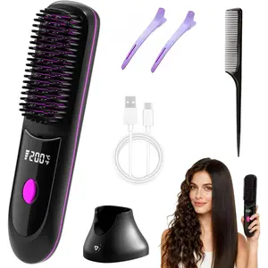 【Christmas Gift】Cordless Hot Brush, Wireless Straightener for Straight to Wavy Hair, 2 in 1 Straightening & Curling Brush, 200 Million Ionic, 360° Heating, Safe Mode, Ceramic Coating, Christmas Gift,