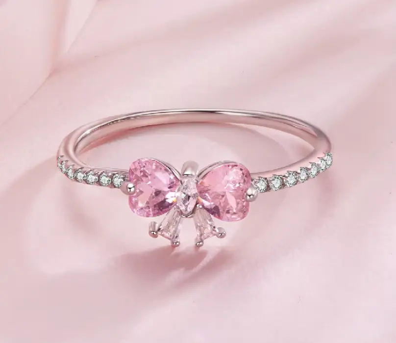 Elegant 18K 925 Sterling Silver Pink Zirconia Heart Bow Knot Ring (Size 5.5 - 8)
