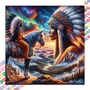 1 set of DIY diamond painting kit, 5D diamond art set, DIY decoration horse warrior, sunrise scenery, colorful feather ornaments. Mosaic, diamond art, DIY art home decoration, Wall Art Painting, suitable for Christmas.