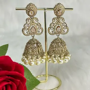 Beautiful Lightweight Jhumka Earrings with Decorative Beads, Perfect for Any Occasion, Gold-Tone Design