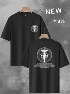 Anime Fullmetal Alchemist Equal Exchange Print Short Sleeve T-Shirt, Casual Loose Fit Campus Wear, Long Top for All Seasons