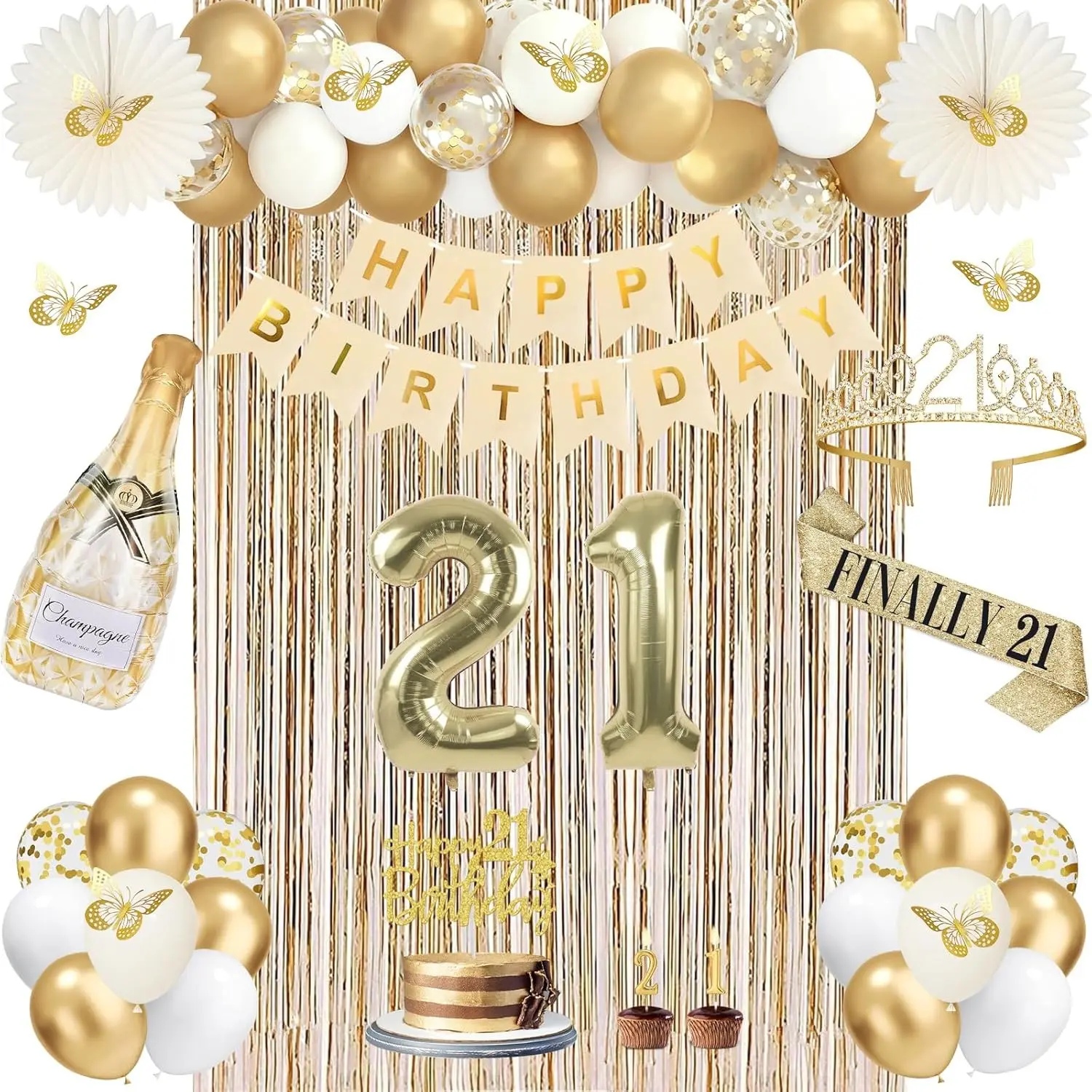 51Pcs 21st Birthday Decorations for Her, Champagne Gold Happy 21st Birthday Decorations for Girls, 21 Sash and Crown, Banner, Fringe Curtains, Hanging Paper Fans, 21 Year Old Party Supplies Set