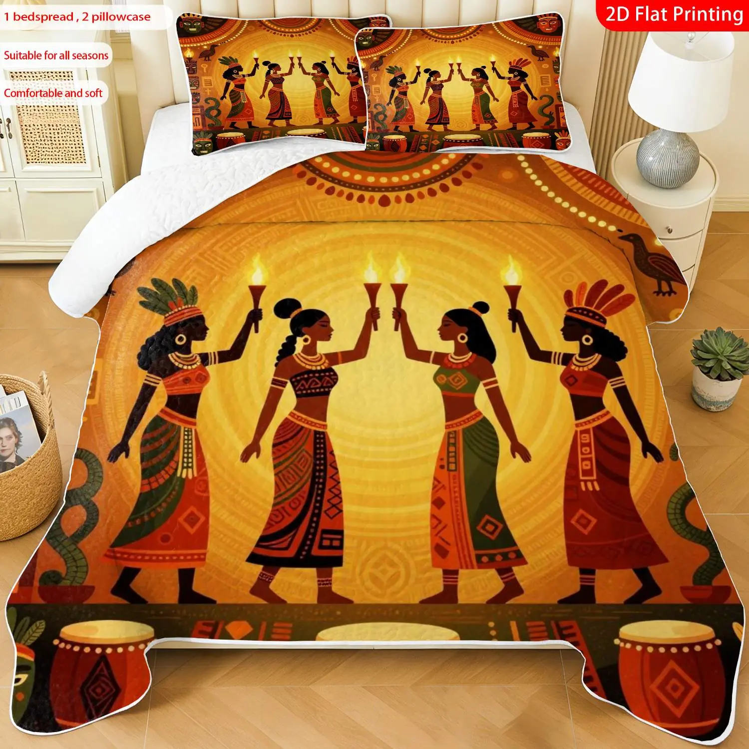 3 pcs, 2D Flat Print African Tribal Women Ritual Art Bedspread Set, Decorative bedding set, Printed Bedding Set, Soft and Comfortable, Multiple Sizes Available, Suitable for Gifting and Daily Use (1 bedspread, 2 pillowcases)
