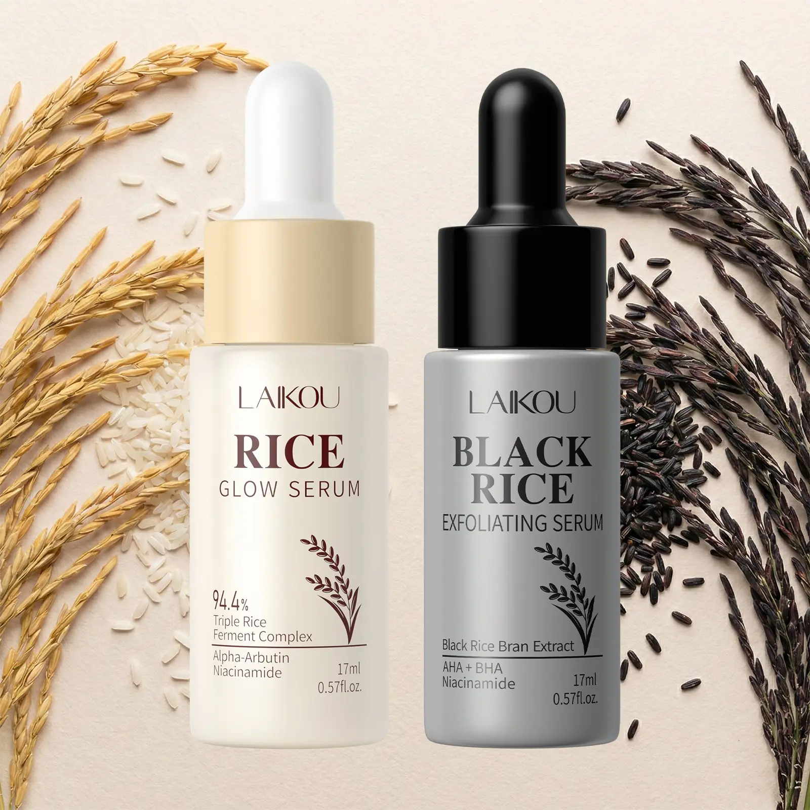 Laikou Rice & Rice Essence, Brightening Facial Serum, Serums for Brightening, Brighten Skin Tones, Bright Glowing Skin, Exfoliating, and Moisturizing, Brightening and Hydrating, Pore Refining - Suitable for All Skin Types, Exfoliating Rice Ampoule