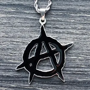 Black Anarchy Necklace - 1.25" Mirror Polished Pendant in Stainless Steel with Black Enamel - Laser Cut Hypoallergenic Jewelry Free Gift Included