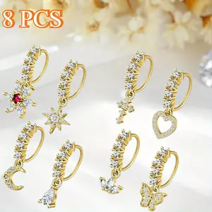 8pcs Hypoallergenic Golden-Tone Nose Rings for Women - Flower, Leaf, Star, Moon & Butterfly Dangling Septum Hoops, Elegant Retro Cartilage Jewelry for Birthdays, Parties & Casual Attire, Cute Nose Rings, Party Accessories, Versatile Fashion Accessory