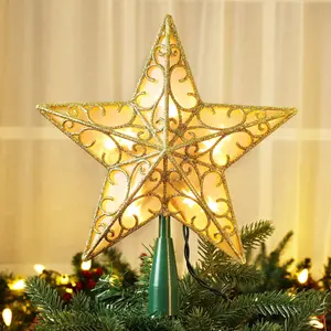 9.5” Christmas Star Tree Topper Gold Dual-side 3D Glittered Treetop with 10 Warm White Lights UL Certified Lighted Xmas Treetop for Holiday Christmas Tree Decor