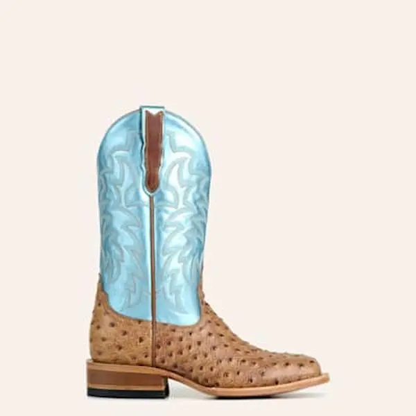 Cavender’s Women’s Endurance  Tan Print and Metallic Blue Wide Square Toe Cowboy Boots