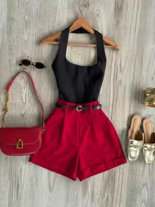 Women's Spring Summer Backless Halter Top High Waist Shorts Set Outfit, Elegant Slim Fit Casual, Perfect for Daily Wear and Office