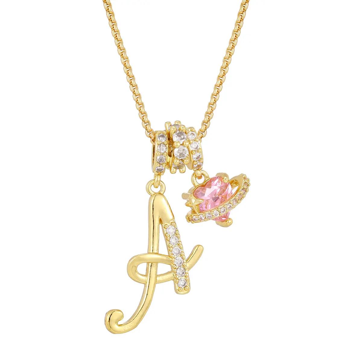 GGIRL Women's Initial Heart Necklace, 18K Gold-Plated Pink Cubic Zirconia Letter Pendant Jewelry, Ideal Gift for Christmas & Birthdays